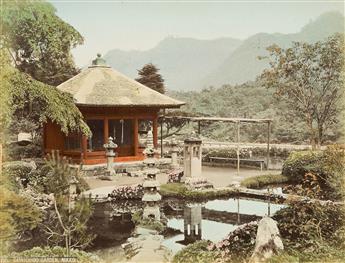 (JAPAN) A lovely Japanese album with 50 hand-colored photographs depicting geishas, lush landscapes, busy streets, and flowering garden